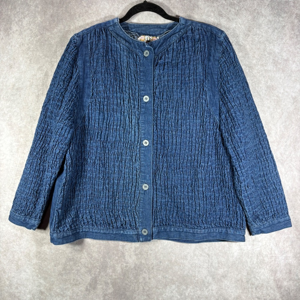 Vintage Gene Ewing BIS Jacket Womens 1 Blue Wrinkled Rich Denim Button Smocked